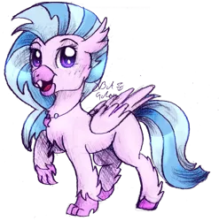 Size: 597x604 | Tagged: artist:8bitgalaxy, classical hippogriff, cute, derpibooru import, diastreamies, female, folded wings, hippogriff, jewelry, necklace, open mouth, safe, silverstream, simple background, smiling, solo, traditional art, transparent background, wings