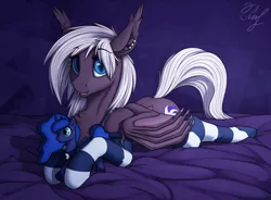 Size: 3400x2500 | Tagged: safe, artist:phenya, derpibooru import, princess luna, oc, oc:stargazer, unofficial characters only, bat pony, pony, bat pony oc, bat wings, bed, chest fluff, clothes, ear fluff, ear piercing, fangs, female, hoof hold, looking at you, lying down, mare, open mouth, piercing, plushie, signature, simple background, socks, solo, striped socks, wing claws, wings