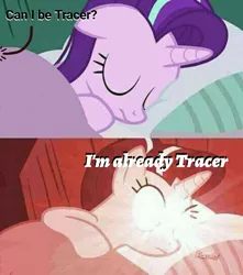 Size: 1080x1220 | Tagged: safe, derpibooru import, edit, edited screencap, editor:apex soundwave, screencap, starlight glimmer, pony, unicorn, awakening, bed, caption, crossing the memes, deep fried meme, discovery family logo, duo, female, glowing eyes, glowing eyes meme, i'm already tracer, image macro, mare, meme, no mercy, offscreen character, overwatch, sleeping, solo, song reference, text, tracer, woke