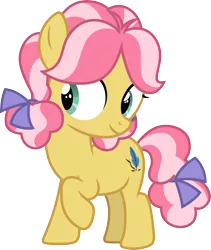 Size: 3000x3552 | Tagged: safe, artist:cloudyglow, derpibooru import, kettle corn, earth pony, pony, marks and recreation, .ai available, bow, cute, female, filly, foal, hair bow, high res, kettlebetes, one hoof raised, simple background, smiling, solo, standing, tail bow, transparent background, vector