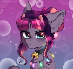 Size: 2760x2610 | Tagged: safe, artist:yukomaussi, derpibooru import, oc, oc:luminous tempo, unofficial characters only, pony, bell, bell collar, chest fluff, christmas, christmas lights, collar, commission, ear fluff, female, holiday, light, looking at you, mare, solo, starry eyes, stars, wingding eyes, ych result