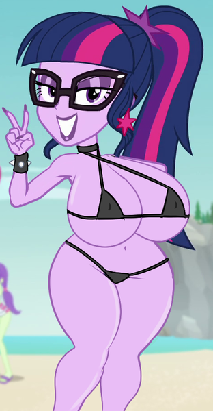 Size: 471x906 | Tagged: suggestive, artist:annon, derpibooru import, edit, edited screencap, screencap, sci-twi, twilight sparkle, equestria girls, equestria girls series, forgotten friendship, absolute cleavage, bedroom eyes, belly button, big breasts, bikini, bimbo, bimbo edit, bimbo sci-twi, bimbo sparkle, bracelet, breasts, busty sci-twi, choker, cleavage, clothes, erect nipples, eyeshadow, grin, huge breasts, lipstick, makeup, nipple outline, purple lipstick, sci-twi is a turboslut, show style adventure, smiling, spiked wristband, string bikini, swimsuit, victory sign, wide hips, wristband