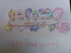 Size: 1632x1224 | Tagged: safe, artist:prinrue, derpibooru import, applejack, fluttershy, pinkie pie, rainbow dash, rarity, spike, twilight sparkle, dragon, earth pony, pony, unicorn, carrot, eyes closed, food, herbivore, holiday, male, mane seven, mane six, pie, table, text, thanksgiving, traditional art