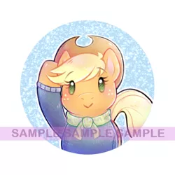 Size: 500x500 | Tagged: safe, artist:tsukibun, derpibooru import, applejack, earth pony, pony, chibi, clothes, cowboy hat, female, hat, looking at you, mare, obtrusive watermark, scarf, solo, sweater, watermark, winter outfit