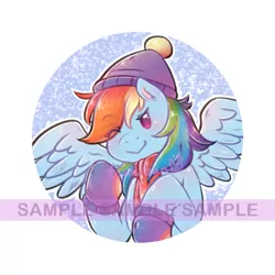 Size: 500x500 | Tagged: safe, artist:tsukibun, derpibooru import, rainbow dash, pony, blushing, clothes, female, mare, obtrusive watermark, one eye closed, solo, watermark, wink, winter outfit