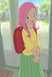 Size: 1000x1480 | Tagged: artist:yanamosuda, backpack, blushing, child, clothes, cute, derpibooru import, digital art, elementary school, female, fluttershy, human, humanized, long skirt, randoseru, safe, shyabetes, skirt, solo, younger