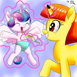 Size: 3000x3000 | Tagged: safe, alternate version, artist:tomtornados, derpibooru import, princess flurry heart, oc, oc:sam art s, alicorn, pony, baby, cute, diaper, eyes closed, feather, flurrybetes, glasses, glowing horn, happy, horn, levitation, magic, shading, simple background, telekinesis, tickling, tongue out