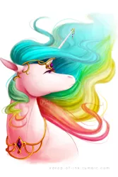 Size: 1280x1920 | Tagged: safe, artist:xdrop-of-inkx, derpibooru import, princess celestia, alicorn, pony, bust, female, horn, horn jewelry, jewelry, lightly watermarked, looking at something, mare, peytral, simple background, solo, watermark, white background, windswept mane