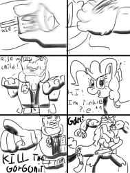 Size: 787x1039 | Tagged: safe, artist:bronyclopman, derpibooru import, pinkie pie, human, pony, comic:a chip off the old block, chip hazard, comic, crossover, hug, monochrome, small soldiers, toy