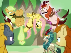 Size: 900x673 | Tagged: suggestive, artist:radiantrealm, derpibooru import, applejack, autumn afternoon, autumn blaze, fluttershy, rain shine, winter flame, earth pony, kirin, pegasus, pony, sounds of silence, angry, applesub, arm behind back, autumnsub, ballgag, bondage, commission, damsel in distress, dock, female, females only, femdom, femsub, fluttersub, gag, image, levitation, magic, mare, missing cutie mark, png, rope, rope bondage, show accurate, show accurate porn, submissive, telekinesis, tied up, underhoof