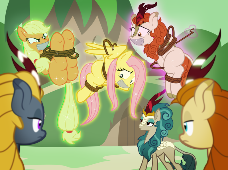 Size: 900x673 | Tagged: suggestive, alternate version, artist:radiantrealm, derpibooru import, applejack, autumn afternoon, autumn blaze, fluttershy, rain shine, winter flame, earth pony, kirin, pegasus, pony, sounds of silence, angry, applesub, arm behind back, autumnsub, bondage, commission, damsel in distress, dock, female, females only, femdom, femsub, fluttersub, gag, image, levitation, magic, mare, missing cutie mark, png, rope, rope bondage, show accurate, show accurate porn, submissive, tape, tape gag, telekinesis, tied up, underhoof