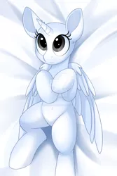 Size: 1024x1536 | Tagged: safe, artist:scarlet-spectrum, derpibooru import, oc, unofficial characters only, alicorn, pony, alicorn oc, bed, body pillow, body pillow design, commission, cute, deviantart watermark, digital arrt, female, horn, looking up, mare, obtrusive watermark, solo, watermark, wide eyes, wings, ych example, your character here