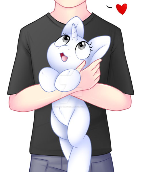 Size: 1024x1243 | Tagged: safe, artist:scarlet-spectrum, derpibooru import, oc, unofficial characters only, human, pony, unicorn, clothes, commission, cute, deviantart watermark, digital art, duo, female, heart, holding a pony, jeans, looking up, male, mare, obtrusive watermark, open mouth, pants, shirt, watermark, wide eyes, ych example, your character here
