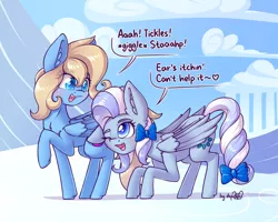 Size: 1920x1536 | Tagged: safe, artist:dsp2003, derpibooru import, oc, oc:flakey hailstone, oc:lusty symphony, unofficial characters only, pegasus, pony, behaving like a cat, blushing, bow, cloud, cloudsdale, comic, commission, cute, duo, duo female, female, hair bow, heart, mare, one eye closed, open mouth, single panel, tail bow