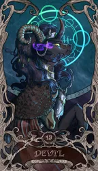 Size: 822x1425 | Tagged: safe, artist:sourcherry, derpibooru import, king sombra, pony, armor, cape, chains, clothes, curved horn, devil, evil eyes, fur, glowing eyes, horn, looking at you, magic, magic circle, major arcana, mane, raised hoof, skull, smoke, solo, tarot, tarot card