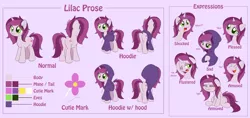 Size: 7442x3508 | Tagged: safe, artist:esfelt, derpibooru import, oc, oc:lilac prose, unofficial characters only, pony, unicorn, blushing, clothes, expressions, eyes closed, female, floppy ears, hoodie, lidded eyes, mare, open mouth, raised hoof, reference sheet, sad, sitting, smiling, solo, unamused