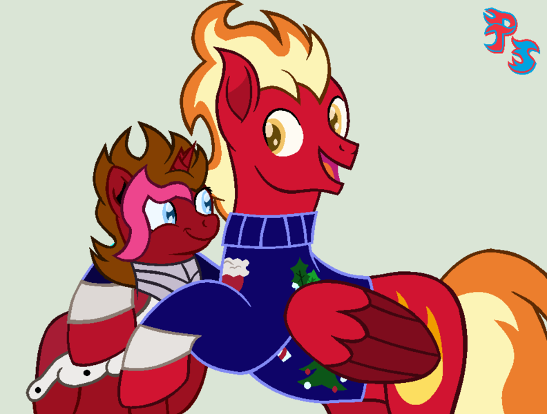 Size: 950x720 | Tagged: safe, artist:peregrinstaraptor, derpibooru import, oc, oc:artisan heart, oc:sunfyre, unofficial characters only, pegasus, pony, unicorn, broken horn, clothes, female, horn, male, mare, simple background, stallion, sweater