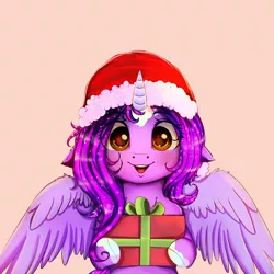 Size: 3800x3800 | Tagged: safe, artist:miokomata, derpibooru import, oc, oc:dazzling talents, unofficial characters only, alicorn, pony, alicorn oc, blushing, box, christmas, clothes, cute, female, hat, holiday, horn, mare, open mouth, present, santa hat, simple background, smiling, socks (coat marking), white background, wings