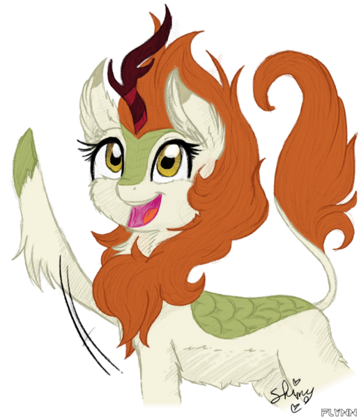 Size: 1030x1200 | Tagged: artist:flynnmlp, artist:shinycyan, autumn blaze, awwtumn blaze, collaboration, cute, derpibooru import, female, kirin, open mouth, raised hoof, safe, simple background, smiling, solo, sounds of silence, transparent background, waving