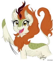 Size: 1030x1200 | Tagged: artist:flynnmlp, artist:shinycyan, autumn blaze, awwtumn blaze, collaboration, cute, derpibooru import, female, kirin, open mouth, raised hoof, safe, simple background, smiling, solo, sounds of silence, transparent background, waving