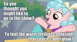 Size: 1280x700 | Tagged: safe, derpibooru import, edit, edited screencap, screencap, cozy glow, pegasus, pony, school raze, caption, cozybetes, cute, female, filly, image macro, impact font, jewelry, necklace, open mouth, outstretched arms, pink floyd, pun, smiling, solo, song reference, text, the wall