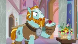 Size: 1920x1080 | Tagged: safe, derpibooru import, screencap, rockhoof, earth pony, pony, a rockhoof and a hard place, angry, apple, beard, disgusted, facial hair, flower, food, fruit bowl, hallway, male, moustache, rockhoof's shovel, shovel, solo, stallion, vase