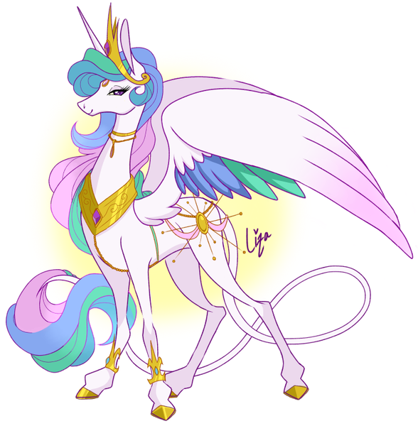 Size: 724x739 | Tagged: safe, artist:liza-lee, derpibooru import, princess celestia, alicorn, pony, female, gradient background, harness, jewelry, leonine tail, lidded eyes, long tail, looking at you, mare, peytral, regalia, simple background, smiling, solo, spread wings, tack, wings