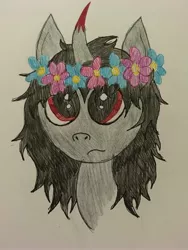 Size: 3024x4032 | Tagged: safe, artist:ice-star-pony, derpibooru import, king sombra, pony, fanfic, fanfic:favorable alignment, alternate hairstyle, alternate universe, bust, curved horn, doodle, fanfic art, floral head wreath, flower, flower in hair, horn, long mane, messy mane, missing accessory, red eyes, traditional art