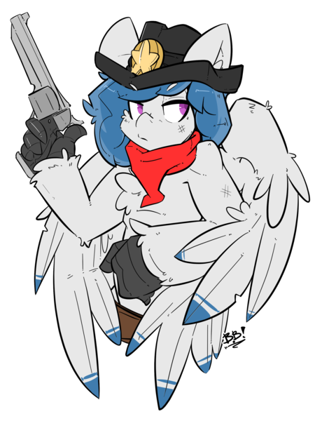 Size: 2426x3162 | Tagged: artist:bbsartboutique, badge, bandana, commission, cowboy hat, derpibooru import, gun, handgun, hat, hippogriff, oc, oc:delta dart, ranger, revolver, safe, simple background, talons, transparent background, unofficial characters only, weapon, wings