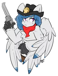 Size: 2426x3162 | Tagged: artist:bbsartboutique, badge, bandana, commission, cowboy hat, derpibooru import, gun, handgun, hat, hippogriff, oc, oc:delta dart, ranger, revolver, safe, simple background, talons, transparent background, unofficial characters only, weapon, wings