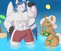 Size: 1200x1000 | Tagged: safe, artist:goat train, deleted from derpibooru, derpibooru import, oc, oc:delta dart, oc:rewind, unofficial characters only, anthro, hippogriff, unicorn, clothes, delwind, muscles, size difference, swimsuit, talons