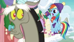 Size: 1280x720 | Tagged: safe, derpibooru import, screencap, discord, rainbow dash, draconequus, pegasus, pony, best gift ever, clothes, duo, female, flying, hat, male, mare, open mouth, scarf, snow