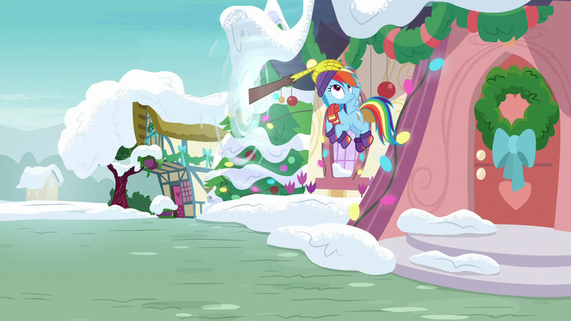 Size: 1280x720 | Tagged: safe, derpibooru import, screencap, discord, rainbow dash, pegasus, pony, best gift ever, christmas wreath, clothes, disembodied hand, female, flying, grabbing, hand, hat, mare, ponyville, scarf, snow, winter, wreath