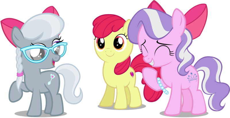Size: 4471x2292 | Tagged: safe, artist:liggliluff, artist:piranhaplant1, artist:slb94, derpibooru import, edit, editor:slayerbvc, vector edit, apple bloom, diamond tiara, silver spoon, earth pony, pony, accessory swap, accessory-less edit, adorabloom, adorabullies, apple bloom's bow, bow, cute, cutie mark, diamondbetes, female, filly, giggling, glasses, hair bow, jewelry, missing accessory, necklace, raised hoof, silverbetes, simple background, smiling, the cmc's cutie marks, transparent background, vector