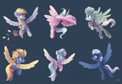 Size: 2560x1772 | Tagged: safe, artist:freeedon, derpibooru import, cloudchaser, derpy hooves, fleetfoot, flitter, night glider, spitfire, pegasus, pony, chest fluff, clothes, eyes closed, female, goggles, jumpsuit, letter, mailbag, mare, simple background, spread wings, sticker set, uniform, wings, wonderbolts uniform