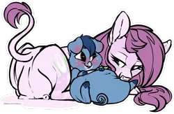 Size: 1280x836 | Tagged: artist:mulberrytarthorse, belly, bleuberry, blushing, cow, derpibooru import, fat, female, lactation, male, milk, nibbling, oc, oc:huckleberry bleu, oc:mulberry tart, oc x oc, pig, pigified, shipping, size difference, species swap, straight, suggestive, udder, unofficial characters only