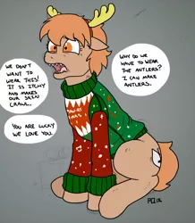Size: 1045x1200 | Tagged: safe, artist:pony quarantine, derpibooru import, oc, oc:thingpone, unofficial characters only, earth pony, pony, adorable distress, antlers, body horror, christmas, clothes, cute, do not want, eldritch abomination, female, headgear, holiday, mare, pun, sitting, solo, speech bubble, sweater, teeth, text, thingabetes, upset, word play