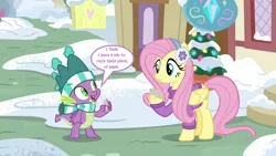 Size: 1280x720 | Tagged: safe, derpibooru import, edit, edited screencap, screencap, fluttershy, spike, dragon, best gift ever, clothes, dialogue, earmuffs, hat, paper, scarf, sweater, text, winged spike