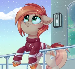 Size: 2026x1861 | Tagged: safe, artist:thegamblehorse, deleted from derpibooru, derpibooru import, oc, oc:parlay, unofficial characters only, earth pony, pony, balcony, building, christmas, christmas tree, clothes, female, freckles, holiday, looking up, mare, smiling, snow, solo, sweater, tree, unshorn fetlocks, window