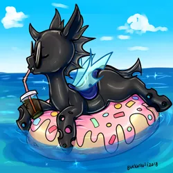 Size: 3900x3900 | Tagged: artist:thatweirdpigeonlady, changeling, cloud, commission, derpibooru import, drink, floaty, inflatable, inflatable toy, inner tube, oc, oc:blank slate, pool toy, safe, solo, sunglasses, unofficial characters only, water, ych result
