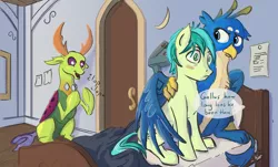 Size: 1280x772 | Tagged: safe, artist:kam, deleted from derpibooru, derpibooru import, gallus, sandbar, thorax, changedling, changeling, earth pony, gryphon, pony, bed, blushing, caught, clapping, cute, dialogue, gallbar, gay, king thorax, looking back, male, missing horn, quadrupedal, school of friendship, shipper on deck, shipping, starlight says bravo, teenager, thorabetes, wing hold