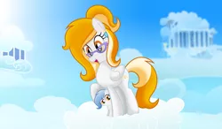 Size: 2500x1458 | Tagged: safe, artist:rainbownspeedash, derpibooru import, oc, oc:rita cloudy, oc:vector cloud, pegasus, pony, baby, baby pony, cloud, cloudsdale, cute, ear piercing, earring, female, glasses, jewelry, mother and child, mother and daughter, piercing, show accurate, vector
