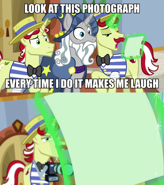 Size: 960x1080 | Tagged: safe, derpibooru import, edit, edited screencap, screencap, flam, flim, star swirl the bearded, pony, unicorn, friendship university, camera, caption, exploitable meme, flim flam brothers, glowing horn, horn, image macro, levitation, look at this photograph, magic, meme, nickelback, photo, song reference, telekinesis, template, text