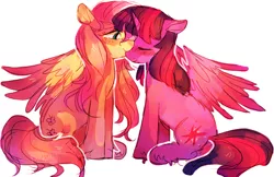 Size: 1280x827 | Tagged: safe, artist:sunomii, derpibooru import, fluttershy, twilight sparkle, twilight sparkle (alicorn), alicorn, pegasus, pony, cute, eyes closed, female, lesbian, mare, nuzzling, shipping, simple background, twishy, unshorn fetlocks, white background