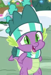 Size: 491x720 | Tagged: safe, derpibooru import, screencap, spike, dragon, best gift ever, arm behind back, clothes, cropped, hat, male, scarf, smiling, tail, winged spike, winter outfit