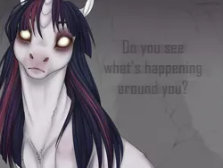 Size: 1320x990 | Tagged: grimdark, artist:dementra369, derpibooru import, twilight sparkle, pony, blind, bust, creepy, disturbing, empty eyes, female, looking at you, mare, portrait, solo