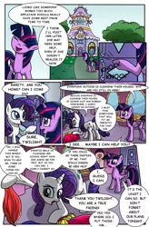 Size: 724x1102 | Tagged: alicorn, artist:metal-jacket444, carousel boutique, clothes, comic, comic:curse and madness, day, derpibooru import, dialogue, dress, female, mare, mlpcam, onomatopoeia, rarity, safe, sky, text, text bubbles, tree, twilight sparkle, twilight sparkle (alicorn)