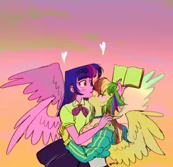 Size: 1700x1636 | Tagged: safe, artist:nounoo, derpibooru import, rainbow dash, twilight sparkle, human, equestria girls, book, eyes closed, female, heart, humanized, lesbian, shipping, twidash, winged humanization, wings