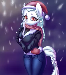 Size: 1500x1696 | Tagged: safe, artist:derpifecalus, derpibooru import, oc, oc:snow cloud, unofficial characters only, anthro, earth pony, braided tail, christmas, clothes, commission, female, hat, holiday, santa hat, solo, tail, ych result