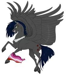 Size: 1024x1172 | Tagged: safe, artist:dementra369, derpibooru import, oc, oc:ruby drop, unofficial characters only, pegasus, pony, collar, ear piercing, fangs, lesbian pride flag, lgbt, piercing, pride, pride flag, pride month, simple background, solo, spiked collar, spread wings, tongue out, transparent background, wings